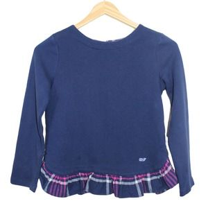 Vineyard Vines Girls Navy Blue Flannel Ruffle Pullover Size Small (7-8)
